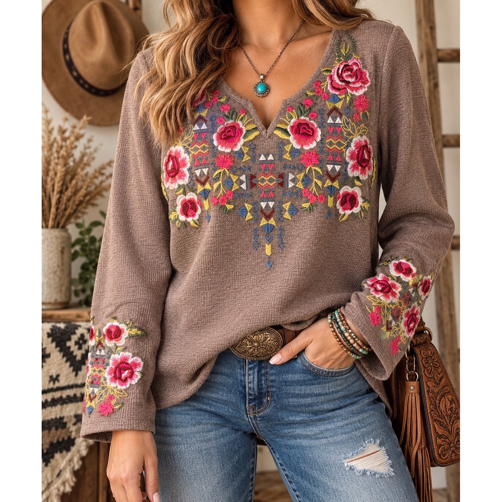 Andree by Unit Embroidered Boho Western Tunic Top Large Floral Folk Festival